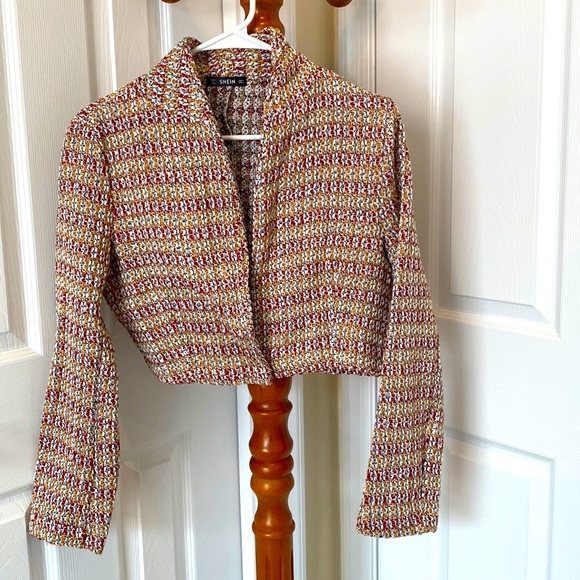 SHEIN Jackets & Blazers - Tweed Shawl Collar One Snap Button Crop Kacket
